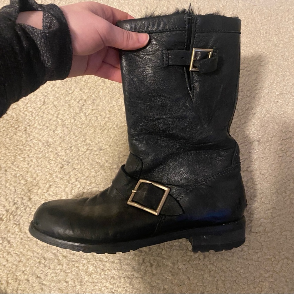 Jimmy Choo Leather Buckle Biker Fur Lined Boots - Picture 4 of 11
